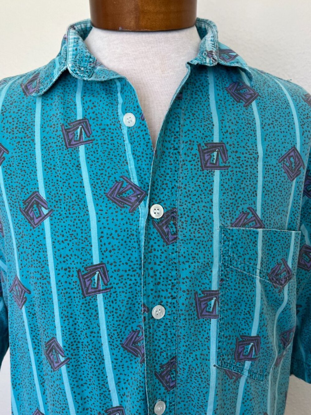 90's Print Short Sleeve Shirt - Turquoise & Lilac - Santana - Size M/L